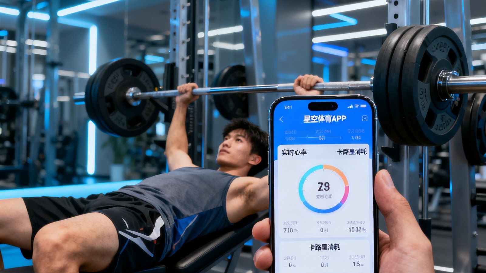 一位年轻男性在现代化健身房中使用手机打开星空体育APP记录杠铃卧推的训练重量和组数，屏幕显示实时心率与卡路里消耗